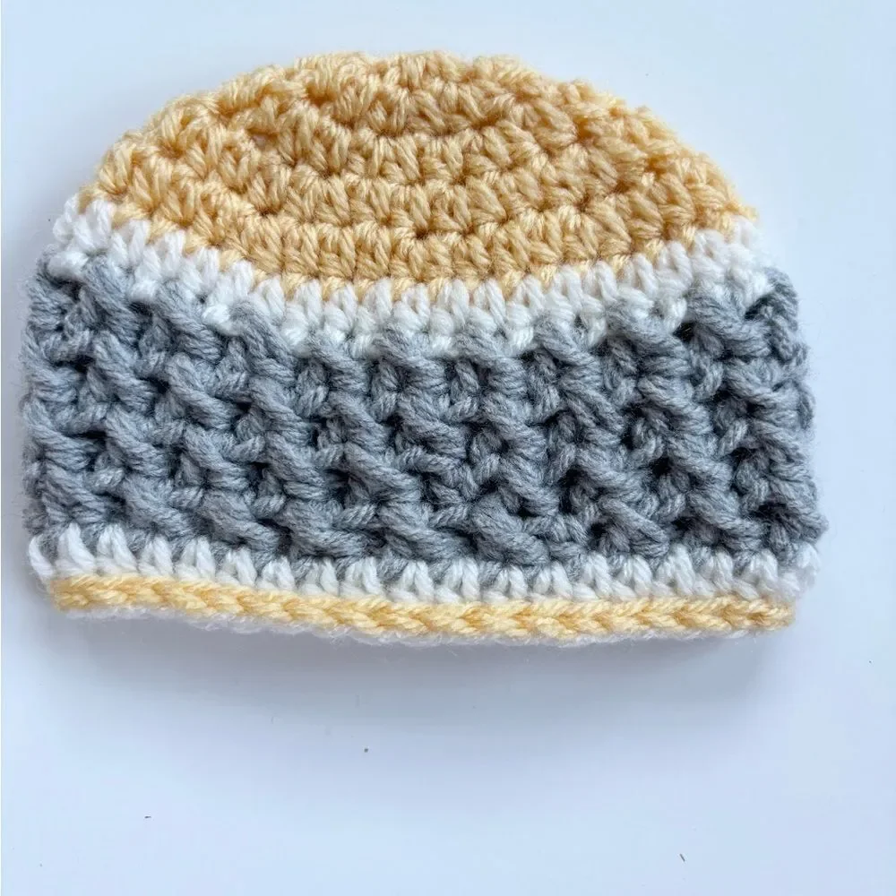 Set of 3 Crochet Baby Hats 0-3 Yellow Grey White